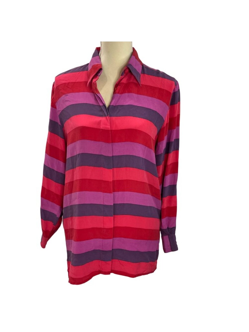 Vintage Tina Hagen Silk Button Front Blouse Women's Size Large Colorful Striped